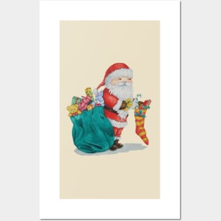 unique christmas picture of cute santa with stocking Posters and Art